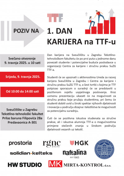 Poziv studentima na prvi Dan karijera na Sveučilištu u Zagrebu Tekstilno-tehnološkom fakultetu
